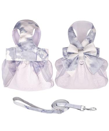 Dog Harness Dress with Leash Set Princess Dog Tutu Skirt for Small Dogs Girl Cute Bow Puppy Dresses Pet Clothes Doggie Outfits Apparel (XS Grey) XS Grey