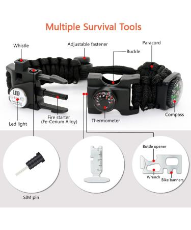 NVioAsport 20-in-1 Survival Paracord Bracelet with SOS LED Light, Fire Starter, Compass, Whistle Ideal for Camping, Hiking, Fishing | Adjustable Gear Kit in Black - Buy Online on SooperMarket.com
