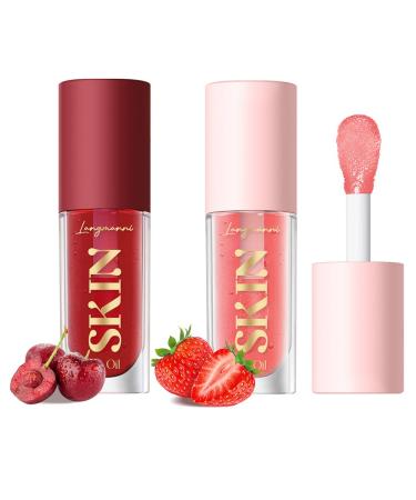 2Pack Big Brush Head Hydrating Lip Glow Oil Plumping Lip Tint Hydrating Lip Gloss Tinted Lip Balm Transparent Lip Care Long Lasting Nourishing Non-sticky Fresh Texture (Strawberry + Cherry)