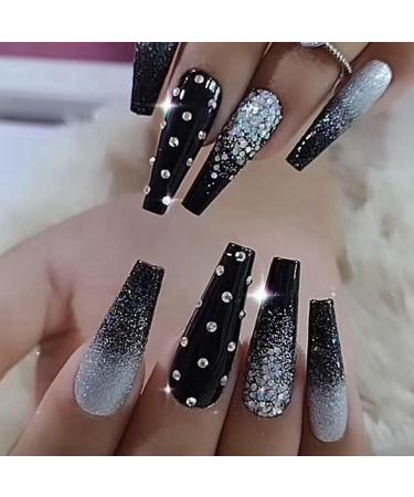 Lckiioy Black Gradient Applique Diamond False Nails Detachable Press on Nails Glitter Diamond Nails Nail Art - Buy Online on SooperMarket.com