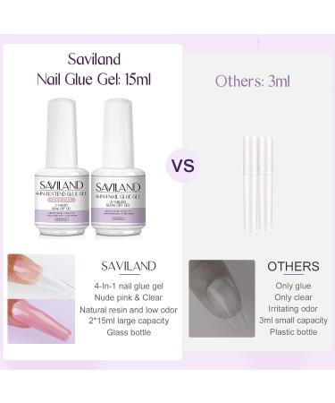Saviland 15ML Nail Glue Gel Set - Clear & Nude Pink 4-in-1 for Press on Nails, Acrylic, UV Gels - Manicure Starter Set - Buy Online on SooperMarket.com