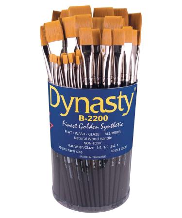 Dynasty B-2200 Golden Synthetic Short Handle Brushes - Assorted Flat Sizes - Set of 40 - Black