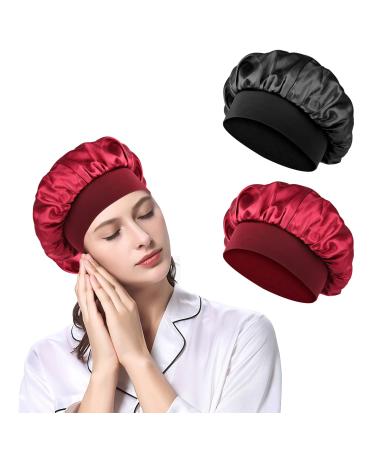 URAQT Satin Sleep Cap 2 Pack Large Night Head Cover for Women Soft Comfortable Night Sleep Bonnet Breathable Sleeping Hair Bonnet Cap for Long Curly Hair