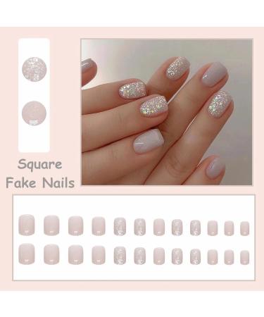 MISUD Short Square Press on Nails - Glossy Squoval Fake Nails with Glitter & Sequins - 24 pcs Gray Aurora Acrylic Nails for Stunning Nail Designs - Buy Online on SooperMarket.com