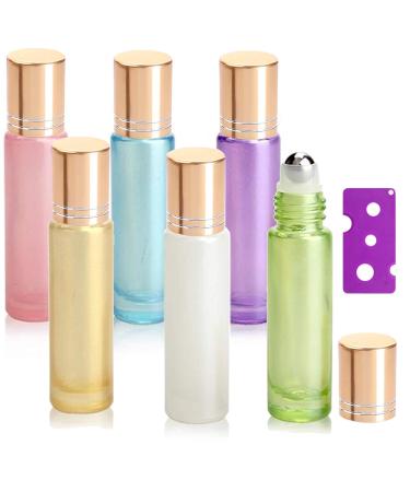 Yalbdopo 6Pcs 10ml Essential Oil Roller Bottles Refillable Glass Roll on Bottles with Stainless Steel Roller Ball & Gold Lids & Bottle Opener Perfect for Aromatherapy Essential Oils Fragrance