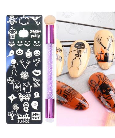 healthGUO Nail Art Stamping Plate Stamper Sponge Pen Halloween Pumpkin Bats Image Nail Polish Template Stamp Stencil Tools Kit 2