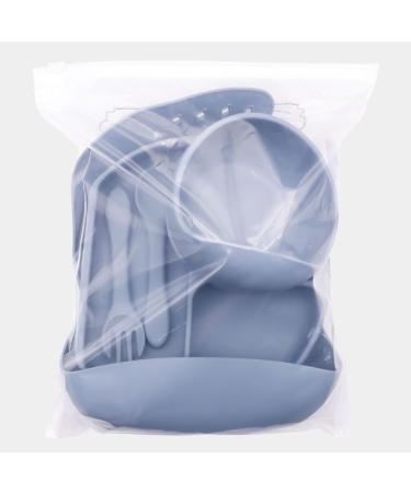 Hoseay 5 Pcs Silicone Baby Weaning Set with Suction Bowl, Plate, Fork, Spoon & Bib - Blue | Baby Led Weaning Feeding Supplies for Kids - Buy Online on SooperMarket.com