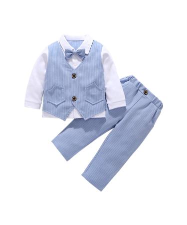 AmzBarley Baby Boys Gentlemans Outfit Suit Kids Long/Short Sleeve Dress Shirt Pants Vest Bowtie Tuxedo Rompers Childs Birthday Evening Holiday Party Blue 205 1-2 Years