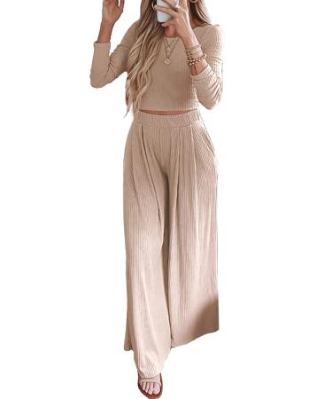 BTFBM Women's Two Piece Lounge Set Long Sleeve Bodycon Ribbed Knit Crop Top Loose Wide Leg Pant Casual Outfits Sweatsuit Solid Apricot Large