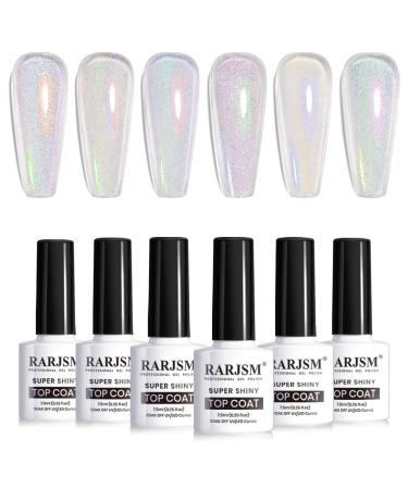 RARJSM Shell Glitter Top Coat Gel Nail Polish Set Clear Green Purple Red Blue 6 Iridescent Rainbow Shimmer Pigments Colors Glossy Mirror Shine Gel Polish Soak Off LED UV Curing Requires for Home Salon
