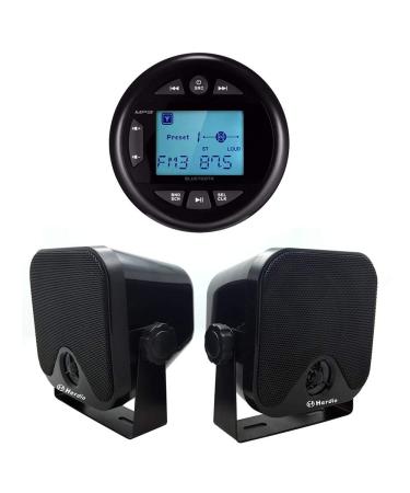 Herdio Marine Radio Mp3 USB AM FM Compatible Weather-Proof Marine & UTV Stereo Radio Compatible with Bluetooth + 4 Inches Marine Surface Mount Box Speakers(A Pair)