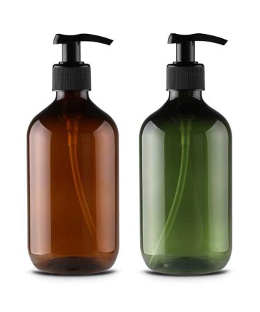 Alledomain 2PCS 500ml/17oz Empty Refillable Plastic Lotion Pump Bottles Shampoo Body Washing Cream Shower Gel Storage Holder Container Toiletries Liquid Dispenser (Brown & Green)