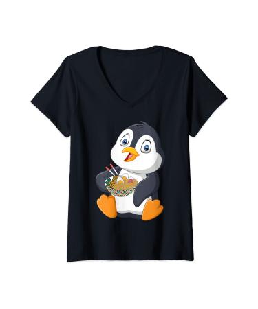 Womens Penguin eating a Japanese Ramen noodle soup V-Neck T-Shirt