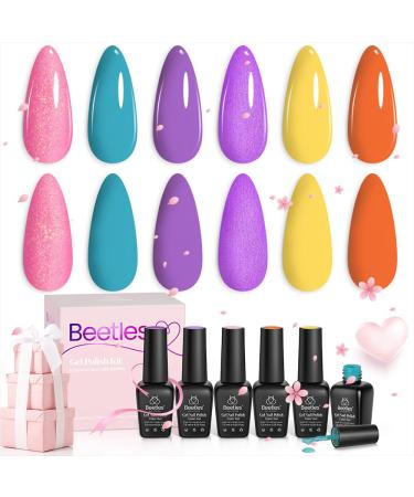 Beetles Gel Nail Polish Kit-6 Pcs Midsummer Dream Glitter Red Purple Yellow Gel Polish Summer Gel Polish Soak Off Nail Lamp Gel Polish Gifts for Women Manicure Kit