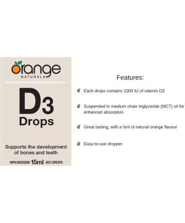 Orange Naturals - Vitamin D3 Drops - Natural Orange Flavour - MCT 1000IU 15ml - Support Bone Health Teeth Reduce Osteoporosis Maintain Muscle Enhanced Absorption & Prevent D Deficiency Cholecalciferol - Buy Online on SooperMarket.com