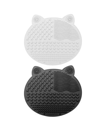 2-Pack Makeup Brush Cleaning Mat Cute Cat Ear Design Silicone Portable Brush Cleaner Pad Washing Tools with Suction Cups US Patent Registered (Black+White)
