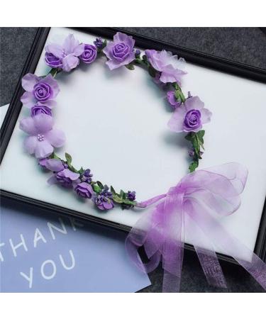 Flower Crown Headband Wreath Garland Hair Bands 2 Pack - Purple Tone | Wedding Bridal Hair Hoop Women Leaf Ribbon Party Decoration Christmas Handmade Headpiece Hair Accessories - Buy Online on SooperMarket.com