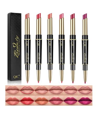 Skynest 6PCs lipstick and lipliner set 2 in 1 durable lip gloss long-lasting not faded waterproof highly pigmented velvet lip gloss set beauty cosmetics