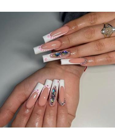 RUNRAYAY Eyes Press On Nails Long Artificial Nails Pink & White Nude Acrylic Ballet French with Nail Rhinestones for Women and Girls V