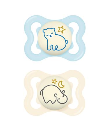 MAM SUPREME Night Schnuller in the 2 Set bright baby pacifier for healthy dental and maxillofacial development prevents skin irritation with pacifier box 0-6 months bear/hippopotamus blue/beige-tartrosa 0-6 months/night