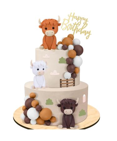 Kigley 25 Pcs Highland Cow Cake Toppers Highland Cow Figurine Foam Balls Mini Balloons Cake Toppers Acrylic Birthday Highland Cattle Cake Decoration for Highland Cow Farm Animal Birthday Party