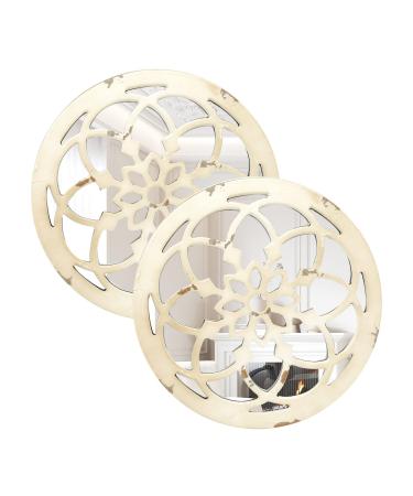 Deanurs 2PCS Round Decorative Wall Mirror  Wood Floral Wall Decor Rustic Farmhouse Accent Mirror for Living Room Bedroom Bathroom (12 x12 )  White Flower-white 12inch