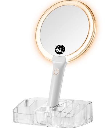OMIRO Hand Mirror with Lights on a Base Cosmetic Organizer, Double Sided 1X/10X Magnifying Makeup Mirror Set