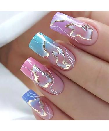 Colorful Press on Nails Square Medium Length 24Pcs Full Cover Reusable Glossy Fake Nails with Gold Foil and White Gradient Designs Artificial Acrylic Fake Nails Glue on Nails for Women Stick on Nails Colorful With Gold Foil