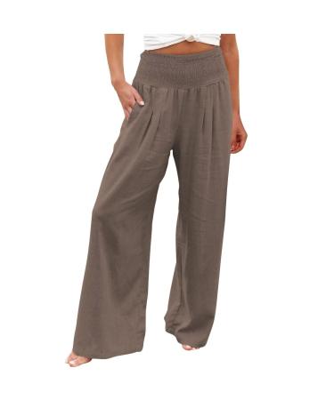 JEGULV Linen Pants for Women Casual Summer High Waist Wide Leg Palazzo Lounge Pants Solid Baggy Pant Trousers with Pocket D01#coffee X-Large