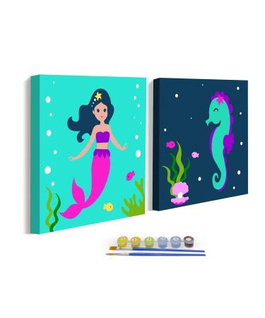 2-Pack Easy Paint by Numbers Kits for Kids DIY Oil Painting for Children Seniors Beginners Framed Pre Drawn Canvas Painting Craft Set Color According to Numbers Holiday Gift 8x8 inch (Mermaid) blue
