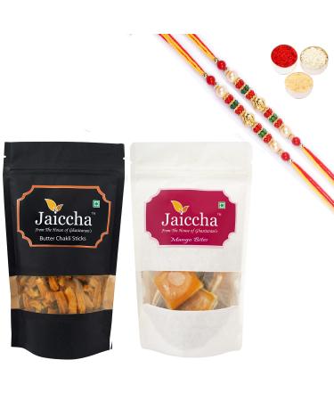 Ghasitaram Gifts Rakhi Gifts for Brothers Rakhi Sweets - Best of 2 Mango Bites 200 GMS and Butter Chakli Sticks 100 GMS Pouch with 2 Pearl Beads Rakhis