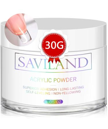 Saviland Clear Acrylic Powder - 30g Professional Acrylic Nail Powder for Acrylic Nails Extension Professional Nail Acrylic Powder for 3D Nail Art Nail Decoration No Need Nail Lamp 01-Clear