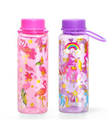 Home Tune 18oz Kids Water Drinking Bottle - Tritan BPA Free Wide Mouth Carry Loop Easy Open Lightweight Leak-Proof Water Bottle with Cute Design For Girls & Boys - 2 Pack Unicorn & Flamingo