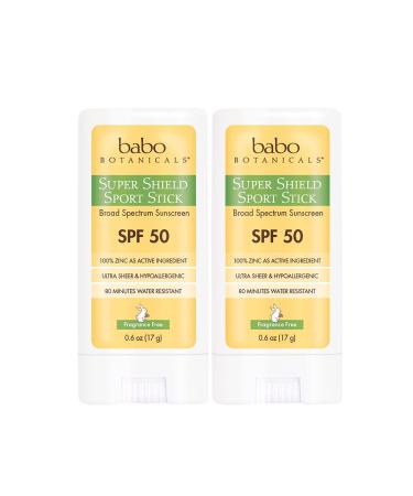 Babo Botanicals Super Shield Zinc Sport Stick Sunscreen SPF 50 with Soothing Organic Ingredients Unscented 1.2 Ounce (Pack of 2) 0.60 Ounce (Pack of 2)