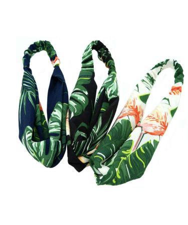 Aysekone 3 Pack Elastic Women's Tropical Beach Wind Summer Headbands Hair Accessories Turban Green Banana Leaves Printed Cross Knot Headwear Hair Bands for Lady Girls