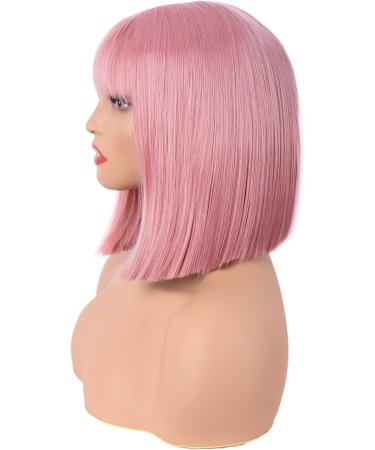 MapofBeauty 12 Inch/30 cm Straight Bob Flat Bangs Short Colorful Synthetic Hair Cosplay Party Wig (Rouge Pink) - Buy Online on SooperMarket.com