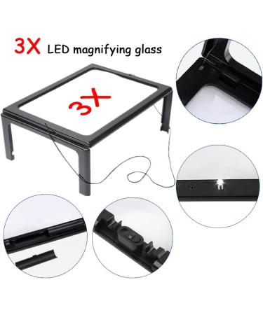 Magnifying Glass Desktop Full-Page 3X Magnifying Glass with 4 LED Lights Foldable Stand A4 Advanced Hands-Free 240 * 160 MM Lens Rectangular Visual Aids for Reading - Buy Online on SooperMarket.com