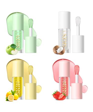 Plumping Lip Oil 4 Packs Hydrating Lip Glow Oil Fruit Extract Lip Gloss Moisturizing Lip Balm and Tinting for Dry Lips