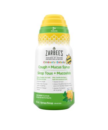 Zarbee's Children's Cough + Mucus Syrup Zinc Honey Elderberry English Ivy Leaf Immune System Mixed Berry Flavour 118 mL