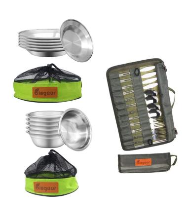 Bisgear 6pcs Plates + Bowls + Knife Fork Spoon Flatware Family Set