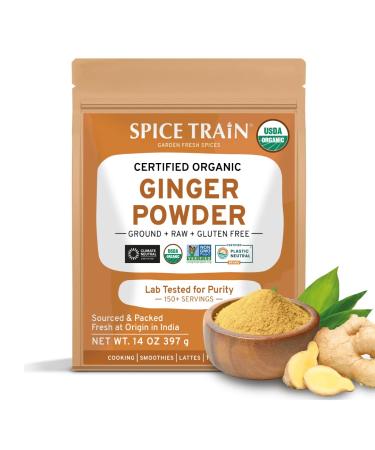 SPICE TRAIN, Organic Ginger Powder (397g/14 OZ) 100% Raw Ground Ginger Root Powder from India in Resealable Zip Lock Pouch | Active Gingerol, Perfect for Cooking, Baking Gingerbread, Smoothies & Tea