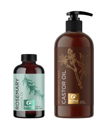 Refreshing Rosemary and Castor Oil Set - Pure Rosemary Essential Oil and Castor Oil for Hair Skin and Nails - Natural Castor Oil for Eyelashes and Eyebrows and Rosemary Oil for Dry Scalp Treatment