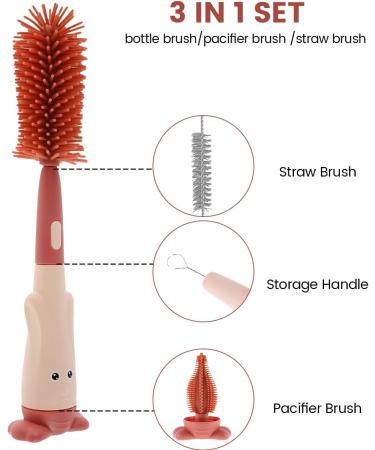 3 in 1 Baby Bottle Brush Set with Lone Handle, Silicone Cleaning Brush with Stand - Portable Teat, Straw, Nipples Cleaner for Bottles, Cups, Thermoses (Red) - Buy Online on SooperMarket.com