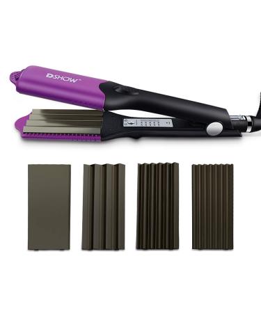 DSHOW Hair Crimper for Women with 4 Interchangeable Plates Crimper Hair Iron Volumizing Flufft Hairstyle Crimping Iron for Hair with 5 Heat Settings & 60 Min Auto Off Purple-a