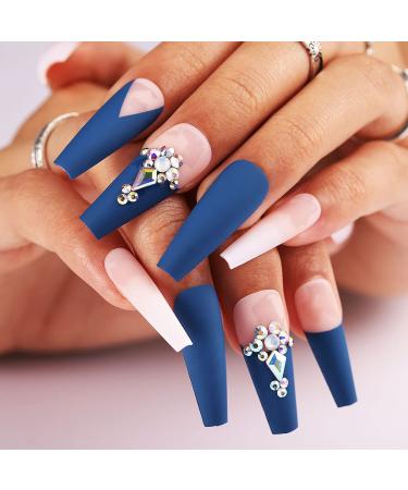 Matte Crystal Blue Extra Long Coffin Press on Nails - 24pcs 3D Bling Ballerina False Nails for Women and Girls - Buy Online on SooperMarket.com