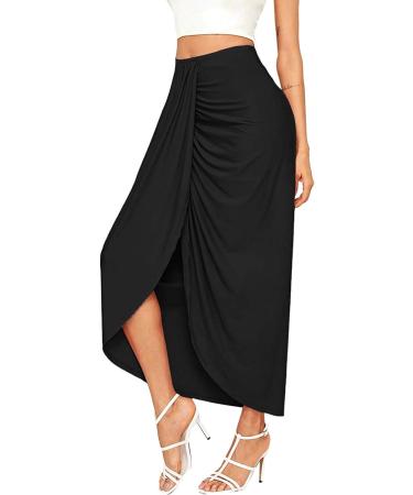 Sanahy Women's Casual Boho Maxi Wrap Skirt in Black | Elastic High Waist | Asymmetrical Slit Design | Perfect for Summer Beach Days - Buy Online on SooperMarket.com