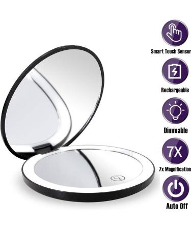 Portable Lighted LED Makeup Mirror 7X/1X Magnification | USB Rechargeable Compact Vanity Mirror with Dimmable Lights - Black - Buy Online on SooperMarket.com