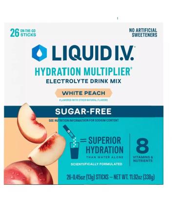 Liquid IV Hydration Multiplier Sugar FREE - 26 Individual Stick Packets - White Peach Flavor No Sugar - 338 Grams