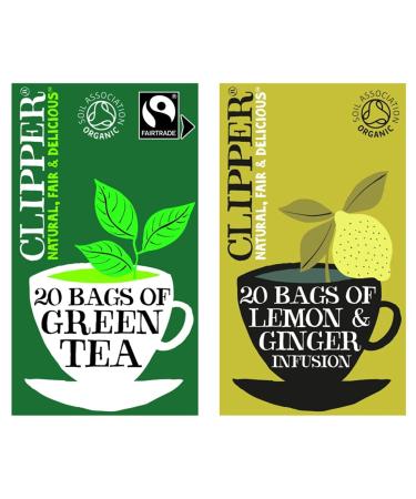 Clipper Organic Pure Green Tea (Pack of 6) & Organic Lemon & Ginger Tea Bags 6 x 20 Teabags + Lemon & Ginger Tea Bags