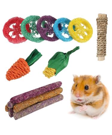 Fanshiontide 14 In 1 Bunny Chew Toys for Teeth Rabbit Chew Toys Timothy Hay Sticks Rabbit Toys Boredom Breaker Loofah Wood Grass Carrots Corn Chew Toys for Rabbit Guinea Pig Hamster Chinchilla